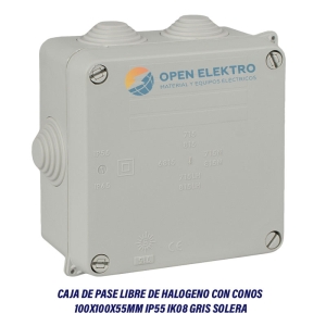 CAJA DE PASE LIBRE DE HALOGENO CON CONOS 100X100X55MM IP55 IK08 GRIS SOLERA
